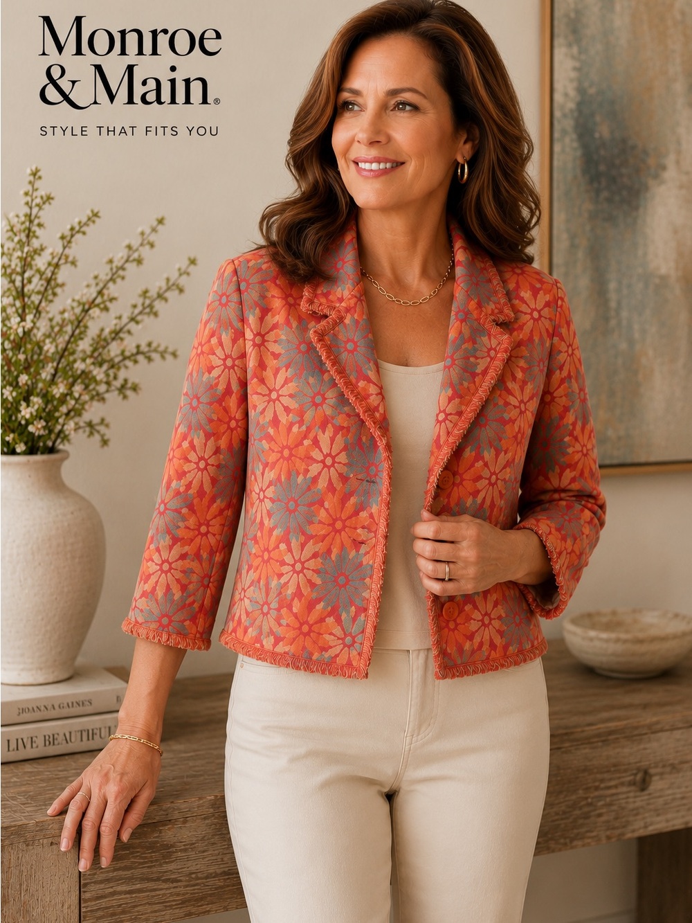 Monroe & Main Floral Jacquard Frayed Trim Jacket Women’s L Orange Blue Boho C6